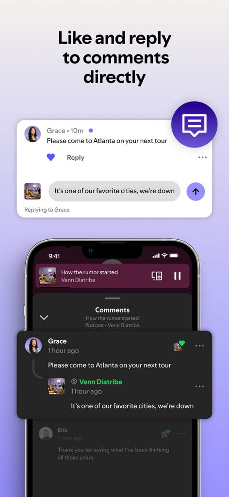 Interface of Spotify for Creators showing a podcaster replying to a fan comment.
