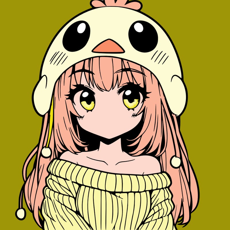 anime girl with chick shaped hat with sweater with bare shoulders with bangs covering them one eye with low tail
