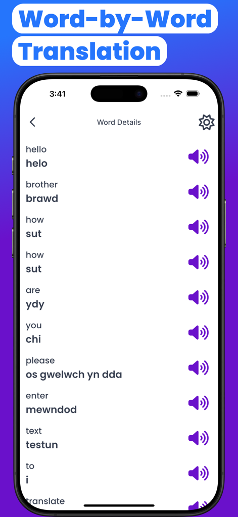 Screenshot of the Welsh-English Translator app showing a list of word-by-word translations from English to Welsh with audio pronunciation icons