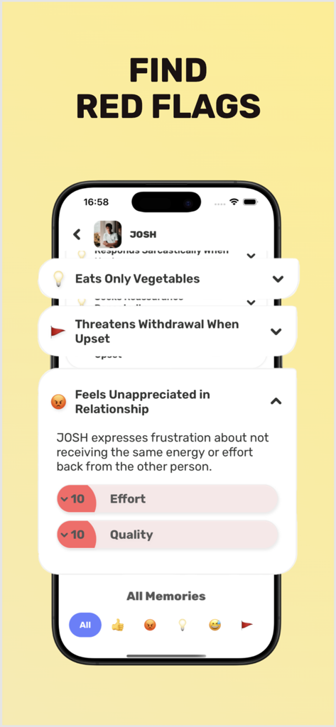 Delulu Ai - Relationship App - La interfaz de la aplicación Delulu AI que muestra una lista de señales de alerta de relación e información de análisis de comportamiento.