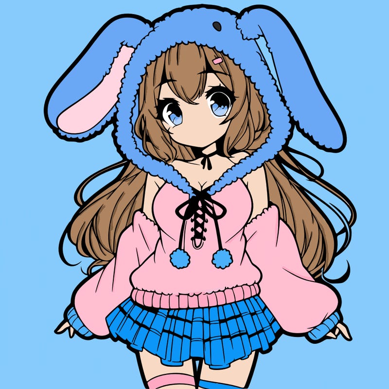 pretty anime girl wearing a fluffy hoodie with bunny ears on the hood and a skirt