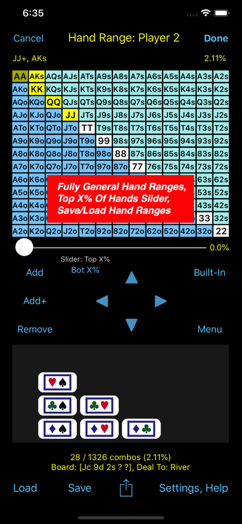 Advanced hand range grid and statistics interface in the PokerCruncher app for Texas Holdem strategy