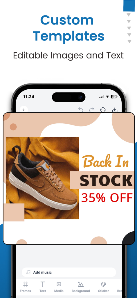 Brands.live - Festival Post - Brands live app interface showing a custom business template for a shoe sale advertisement