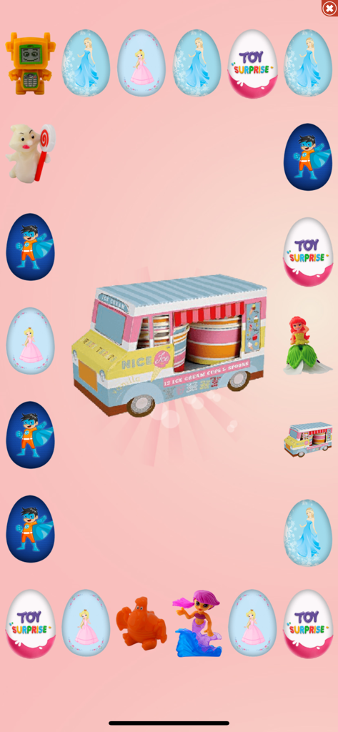 Surprise Eggs - Screenshot del gioco Uova a Sorpresa che mostra un furgoncino dei gelati giocattolo e varie uova a sorpresa a tema.
