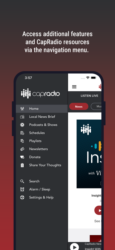 CapRadio mobile app navigation menu showing features like local news, podcasts, schedules, and newsletters.