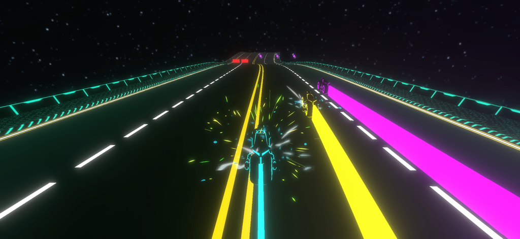 Una moto de luz azul compitiendo en una autopista de neón brillante con coloridas estelas de energía en el espacio.