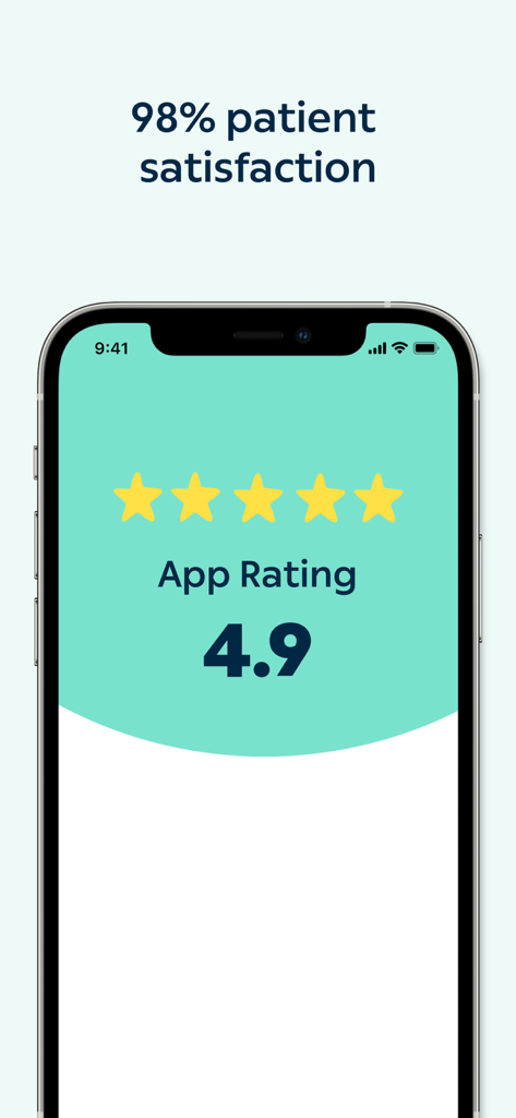 Un écran de smartphone montrant une note de 4,9 étoiles et 98 % de satisfaction des patients pour l'application de télésanté Livi.