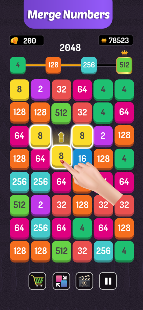 Number Blast - Puzzle Game - Captura de pantalla del juego Number Blast mostrando una mano fusionando bloques numerados en una cuadrícula