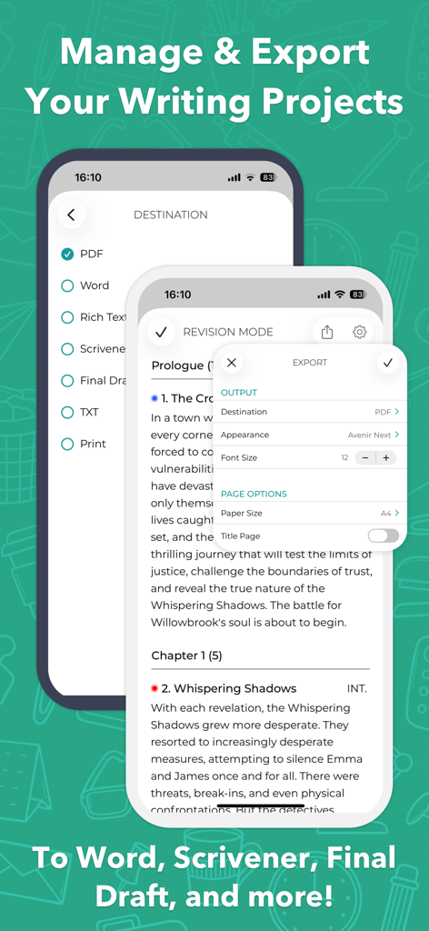 Interface of Story Planner for Writers app showing export settings to formats like Word Scrivener and PDF