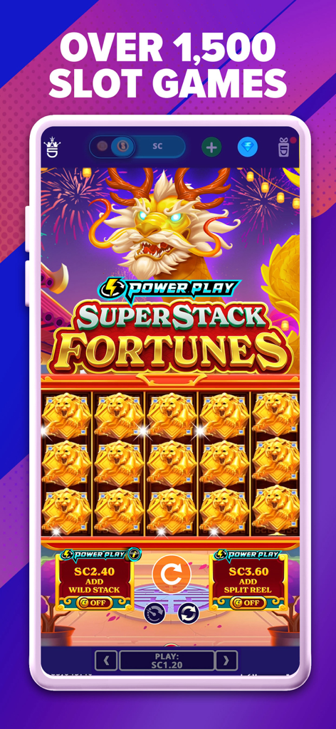 Screenshot dell'app High 5 Casino con il gioco di slot Superstack Fortunes a tema drago e oltre 1.500 giochi disponibili.