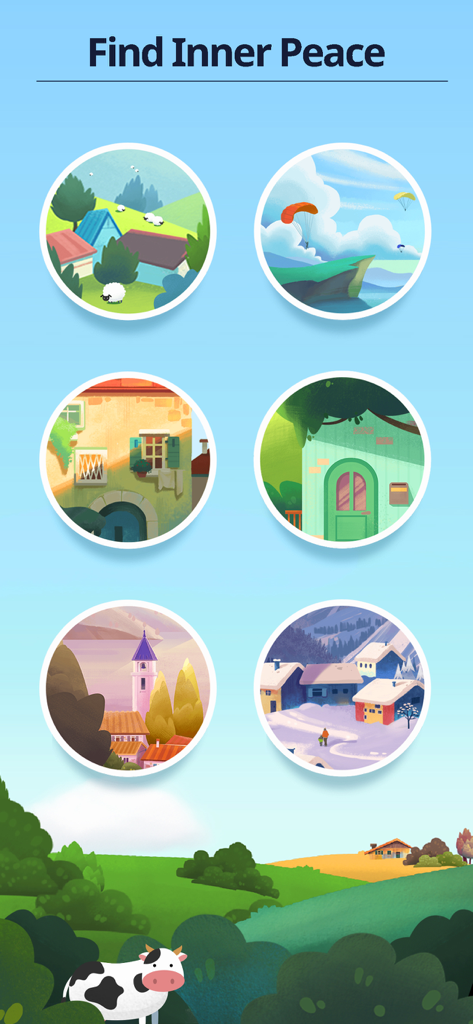 Nonogram: Picture Cross Sudoku - Sechs kreisförmige Vignette von friedlichen Szenen, darunter Schafweiden, Paragliding und verschneite Dörfer unter dem Text 'Inneren Frieden finden'.