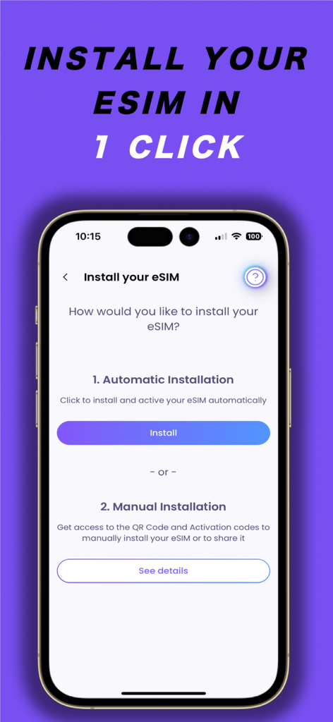Interface para instalar um eSIM de viagem automática ou manualmente no aplicativo SimOptions