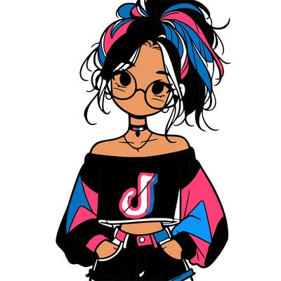 girl with a messy ponytail glasses a baggy crop top and jean shorts