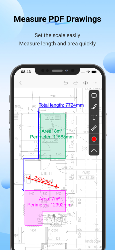 PlanForm - PlanForm 앱 인터페이스에서 기술 청사진에 대한 길이 및 면적 측정 표시