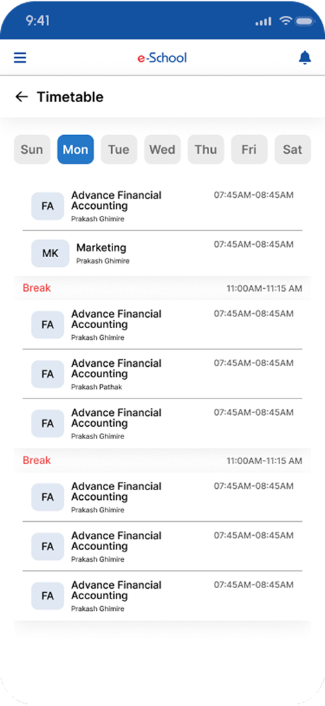 eSchool App by eZone - Captura de pantalla de la aplicación móvil de la pantalla del horario de eSchool que muestra un horario de clases diario con materias como Contabilidad Financiera y Marketing