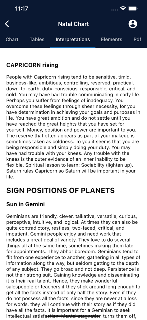 Astrology Master - Detailed natal chart interpretations in the Astrology Master app showing Capricorn rising and Sun in Gemini