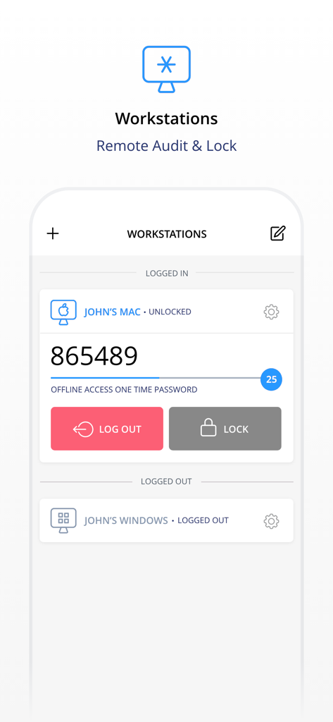 SecureAuth MFA - SecureAuth MFA app interface showing remote workstation management with options to lock or log out of a Mac and a Windows PC.