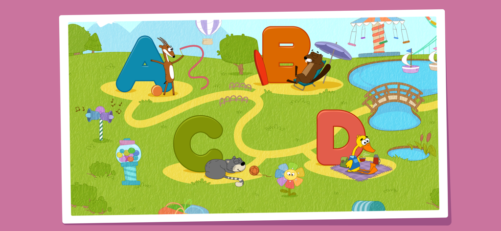 Alive Alphabet: Letter Tracing - Colorful park landscape featuring letters A B C and D with animated animal characters like an antelope bear cat and duck