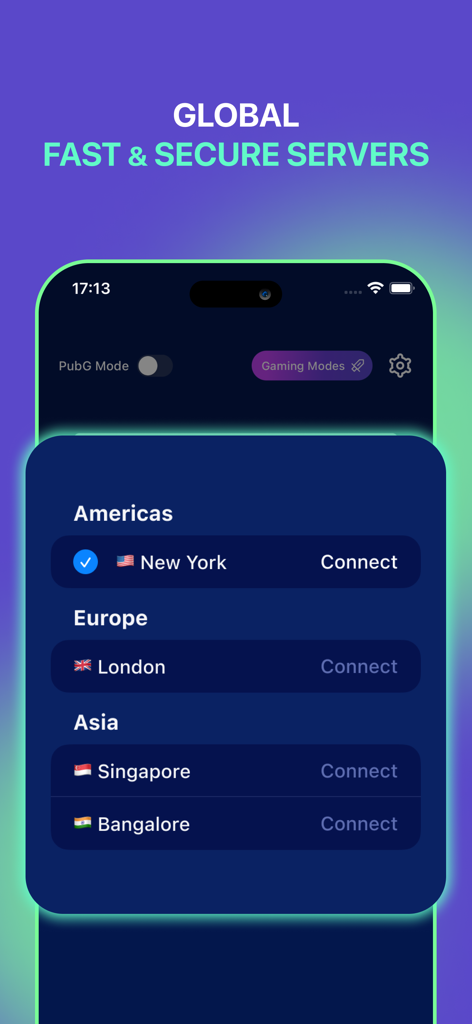 Oberfläche der VPN Hotspot Browser App mit globalen Serverstandorten in New York, London, Singapur und Bangalore mit Optionen für den Spielmodus
