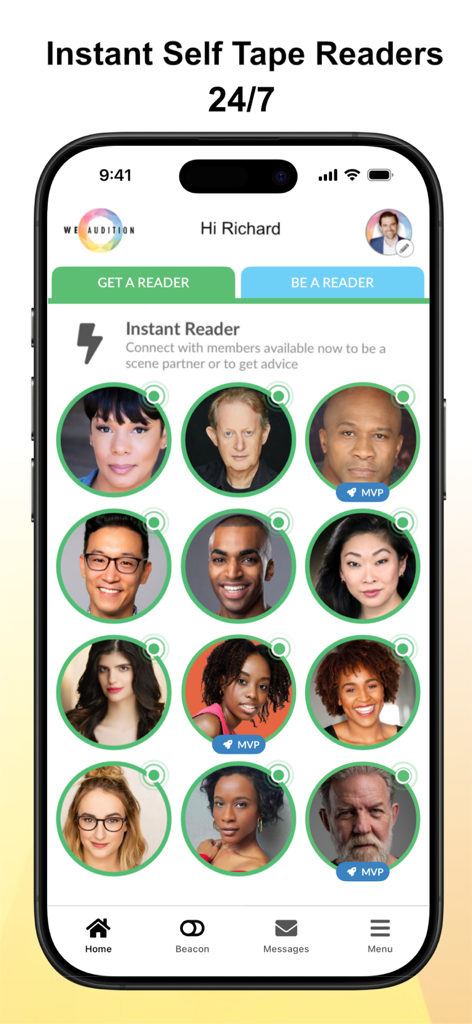 WeAudition app interface showing a grid of professional actors available for instant self-tape reading sessions