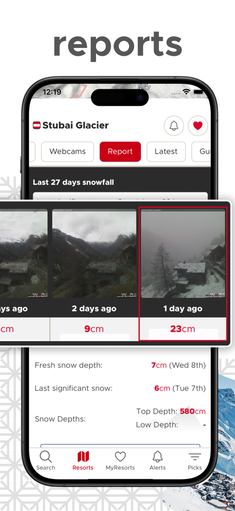 シュトゥバイ氷河の降雪レポート。過去の積雪深度と過去の日のカメラ画像が表示されています。