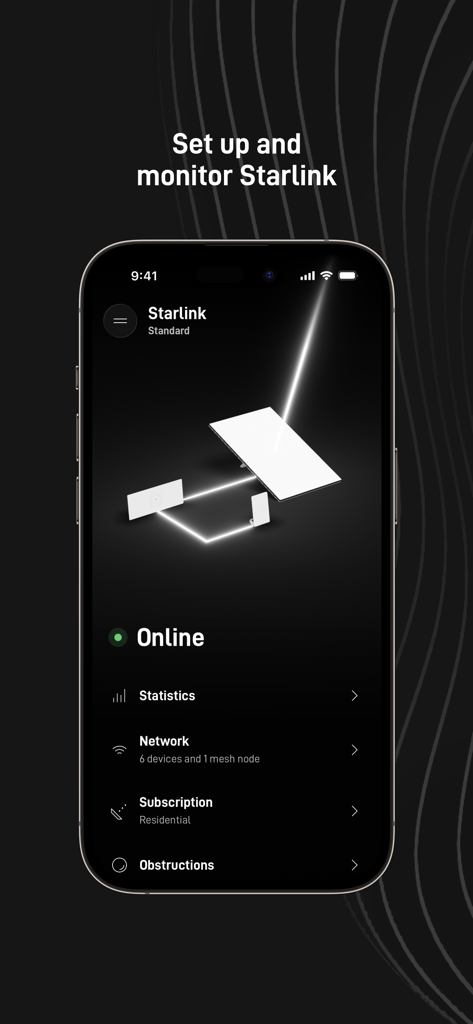 Starlink - Starlink mobile app interface showing online status and hardware monitoring