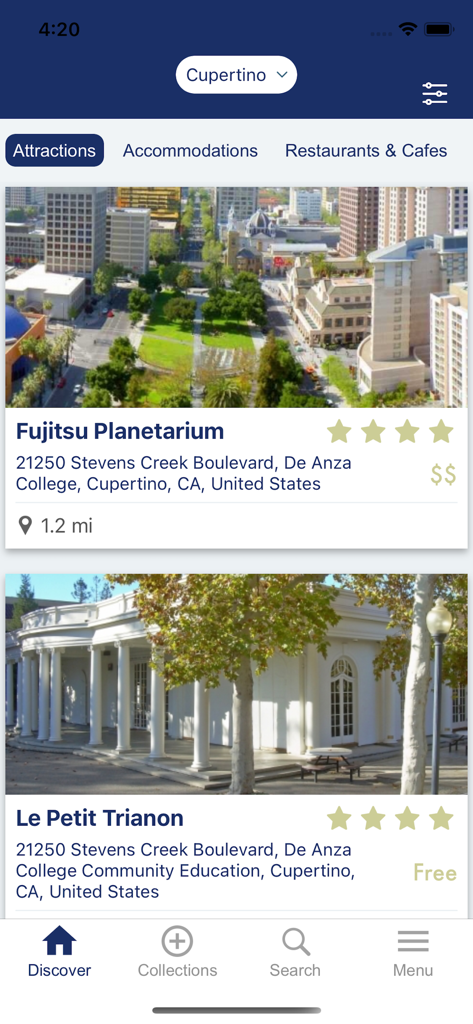 A mobile interface for the cityseeker app showing a curated list of local attractions in Cupertino with ratings and photos.