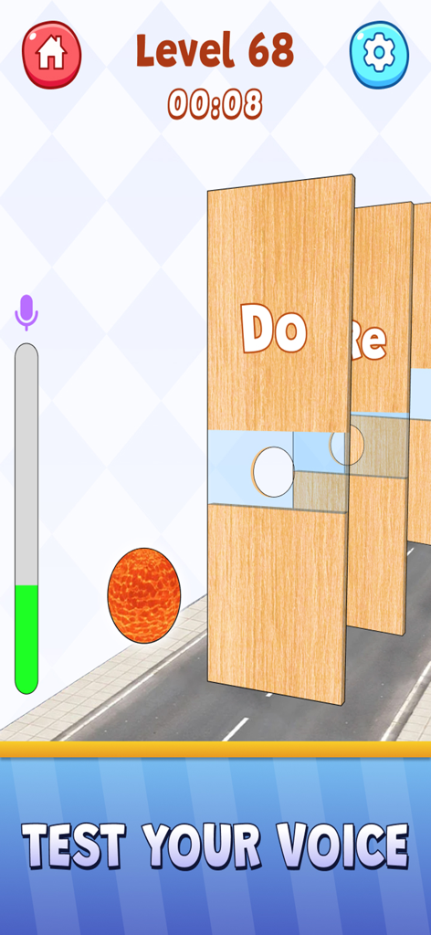 Tik Tap Challenge - Capture d'écran d'un jeu mobile montrant un niveau de défi de contrôle vocal avec une balle se déplaçant à travers des panneaux en bois