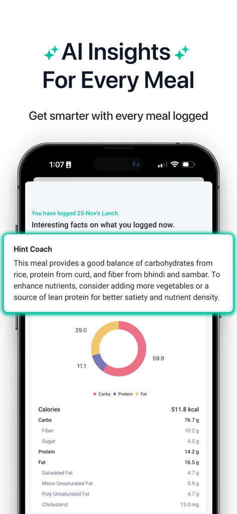 Hint Diet Plan Calorie Counter - Pantalla de smartphone que muestra información nutricional de IA y un desglose detallado de calorías para una comida india en la aplicación Hint.