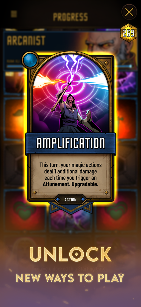 Dawncaster: Deckbuilding RPG - Dawncaster game screen showing the unlock of a new Arcanist action card called Amplification