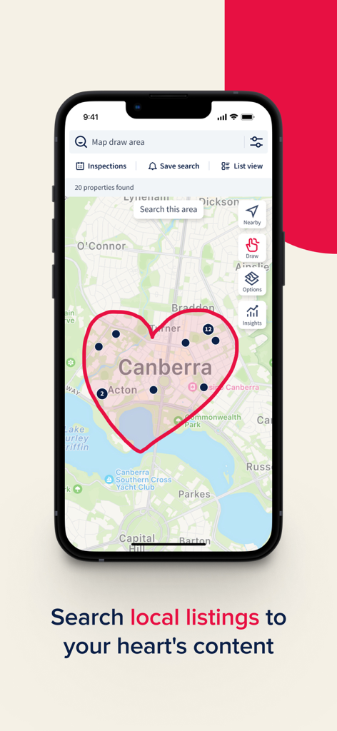 Allhomes Real Estate - A smartphone showing the Allhomes app map search with a heart drawn over a Canberra neighborhood to find local property listings