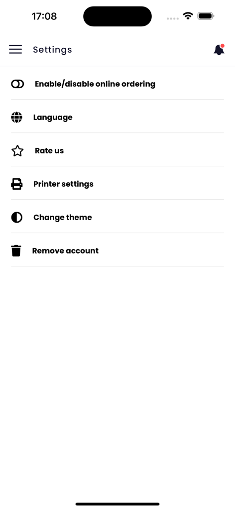 Meez - Interfaz de configuración de la aplicación de gestión de restaurantes Meez mostrando opciones para pedidos en línea y configuración de la impresora