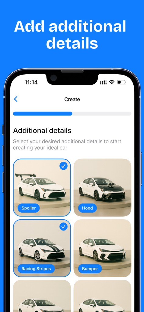 Carzen - AI Car Design - Interface of the Carzen app showing options to add design details like spoilers and racing stripes to a custom car