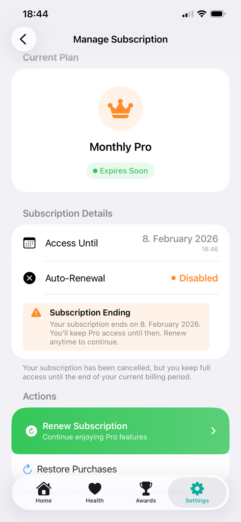 Manage subscription screen in the SmokeFree Journey app showing the Monthly Pro plan status and renewal options
