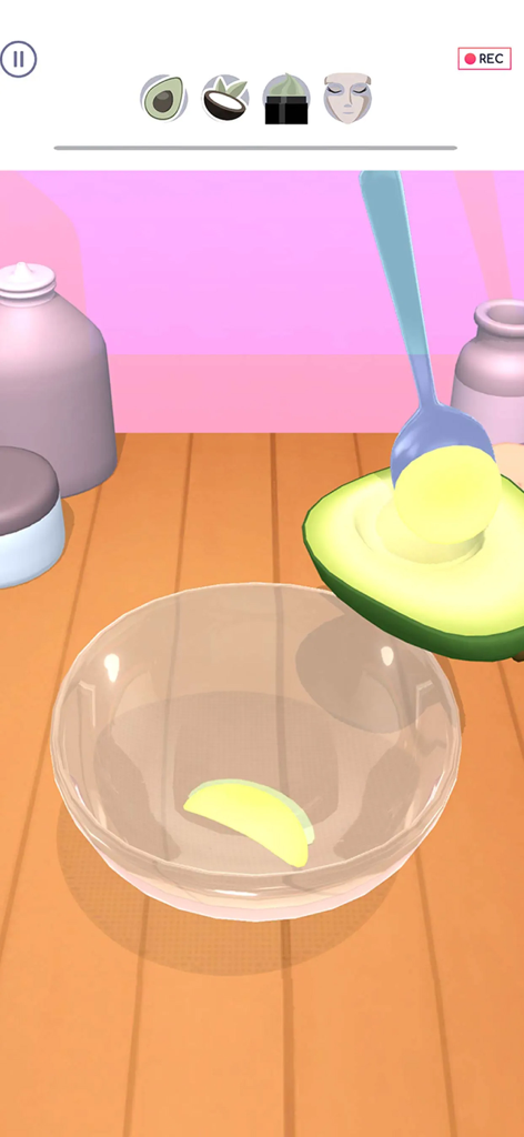 DIY Makeup - Scooping avocado with a spoon into a glass bowl to create a DIY face mask in the DIY Makeup mobile game.