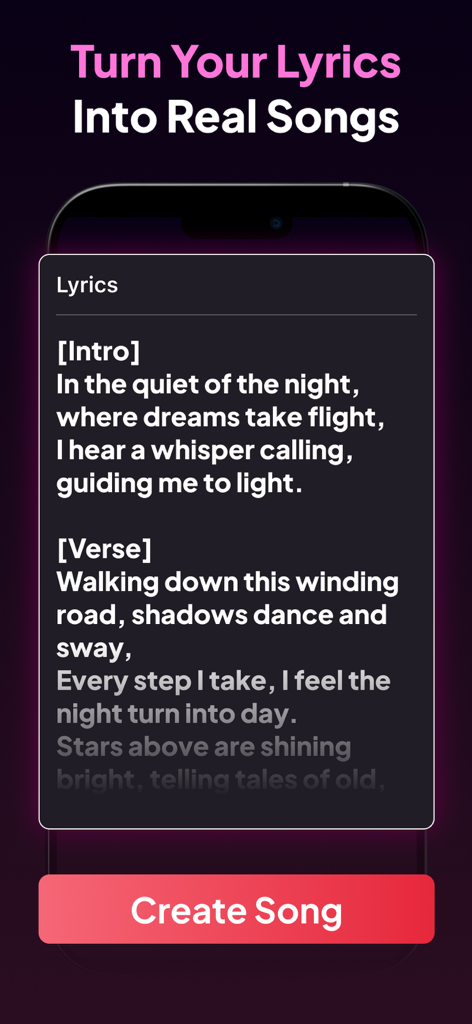 Songr app screen showing song lyrics and a button to turn them into music