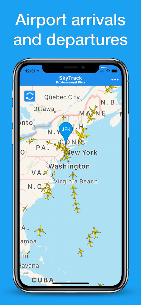 La aplicación SkyTrack muestra el rastreo de aeronaves en tiempo real sobre la costa este de los Estados Unidos