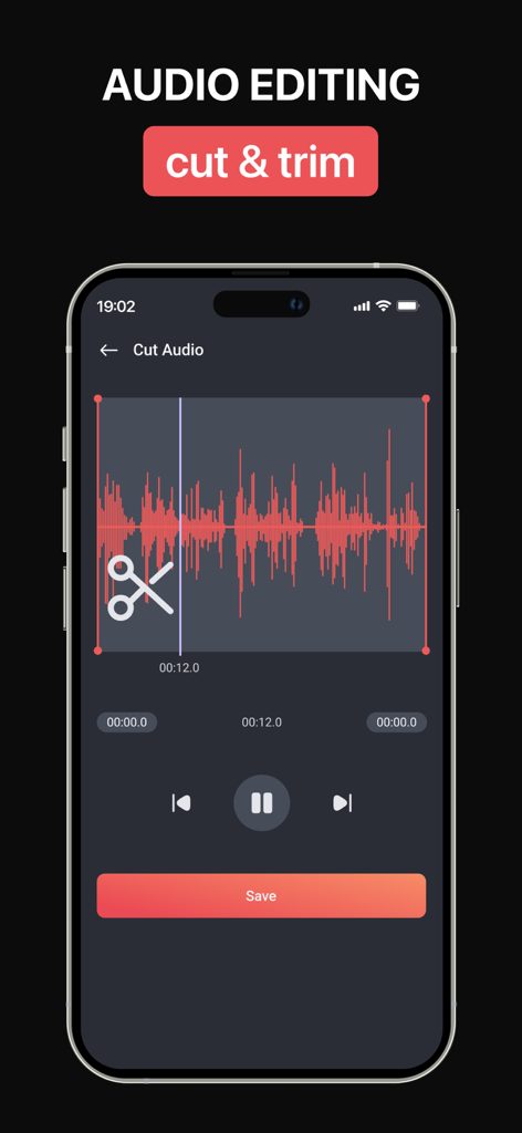 Audio Recorder & Voice To Text - AudiSum app interface showing audio waveform editing with cut and trim features on a smartphone screen