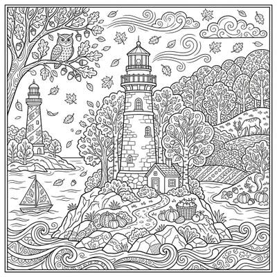 Embark on a creative journey with this beautiful autumn-themed coloring page, featuring two stately lighthouses overlooking a serene, leaf-strewn landscape. Discover hidden woodland animals and harvest bounty amidst intricate details waiting for your artistic touch.