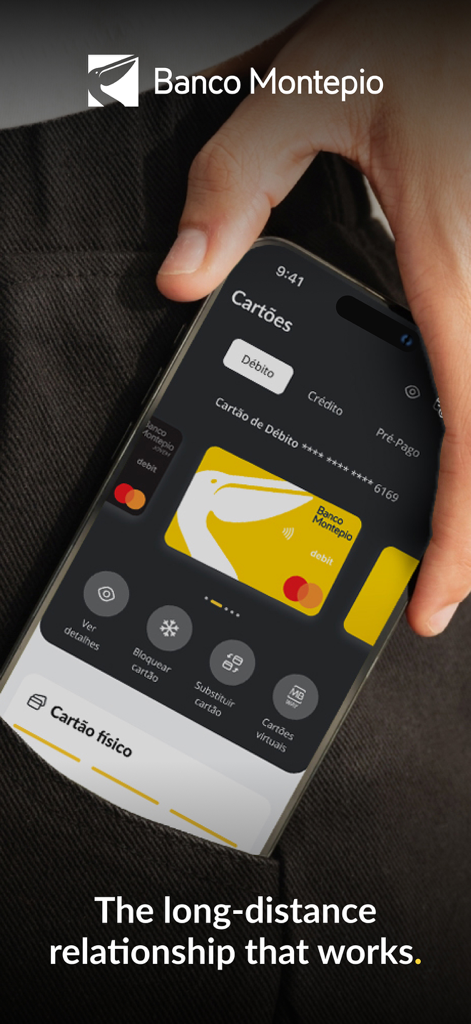 A person holding a smartphone showing the Banco Montepio app card management screen with a yellow debit card and the slogan The long-distance relationship that works.