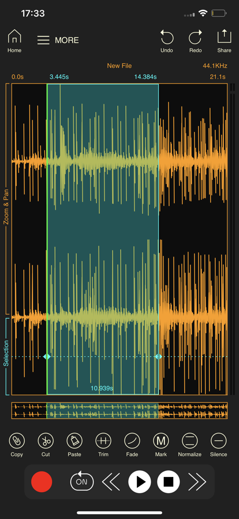 Interfaz móvil de Wavebox Audio Editor mostrando la forma de onda naranja seleccionada y las herramientas de edición