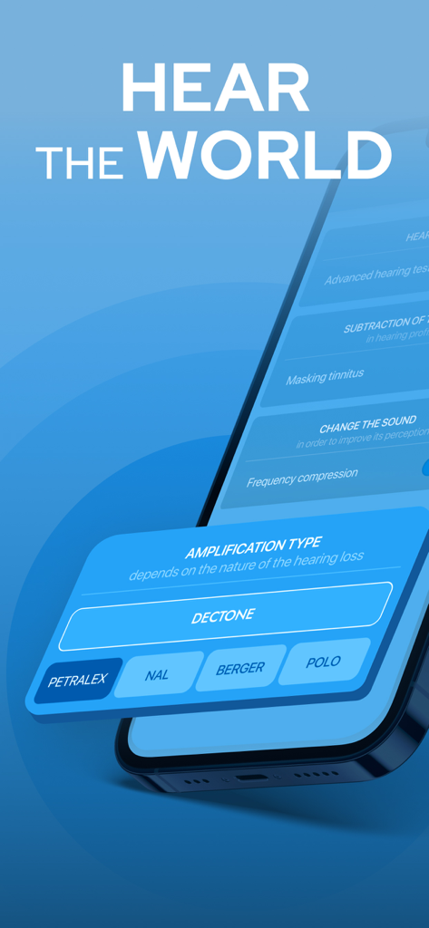 HEARING AID APP - Live Listen - Interfaccia dell'app per apparecchi acustici Petralex che mostra le opzioni di tipo di amplificazione sonora, tra cui Dectone e Petralex