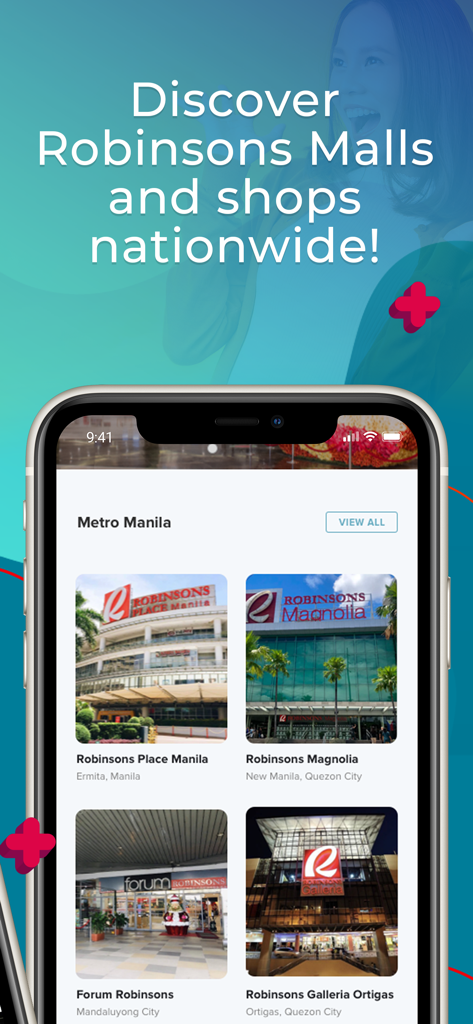 RMalls plus app screen showing a list of Robinsons Malls locations in Metro Manila