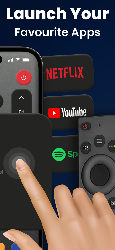 Samsung Remote Smart TV・Things - Interface d'application de télécommande Smart TV montrant des raccourcis pour lancer Netflix, YouTube et Spotify depuis un smartphone