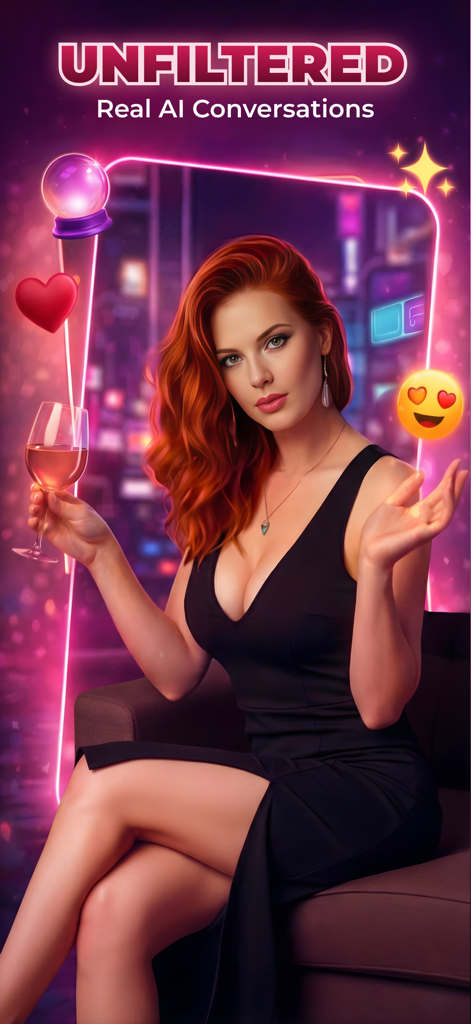 A redheaded woman in a black dress holding a glass of wine in a neon setting with the text Unfiltered Real AI Conversations