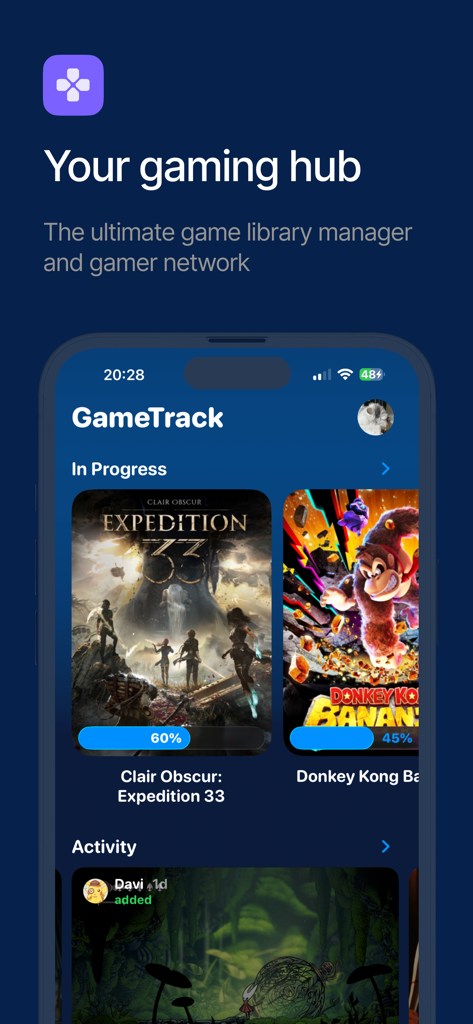 GameTrack app interface on iPhone displaying game progress tracking and a social activity feed for gamers.