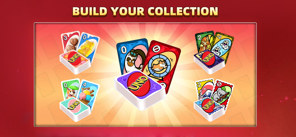 UNO!™ - Schermata dell'app mobile UNO che mostra diversi mazzi di carte collezionabili