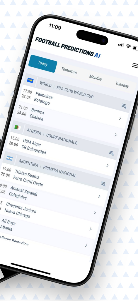 Screenshot der Football Predictions AI App, die eine Liste der heute angesetzten Fußballspiele internationaler Ligen zeigt.