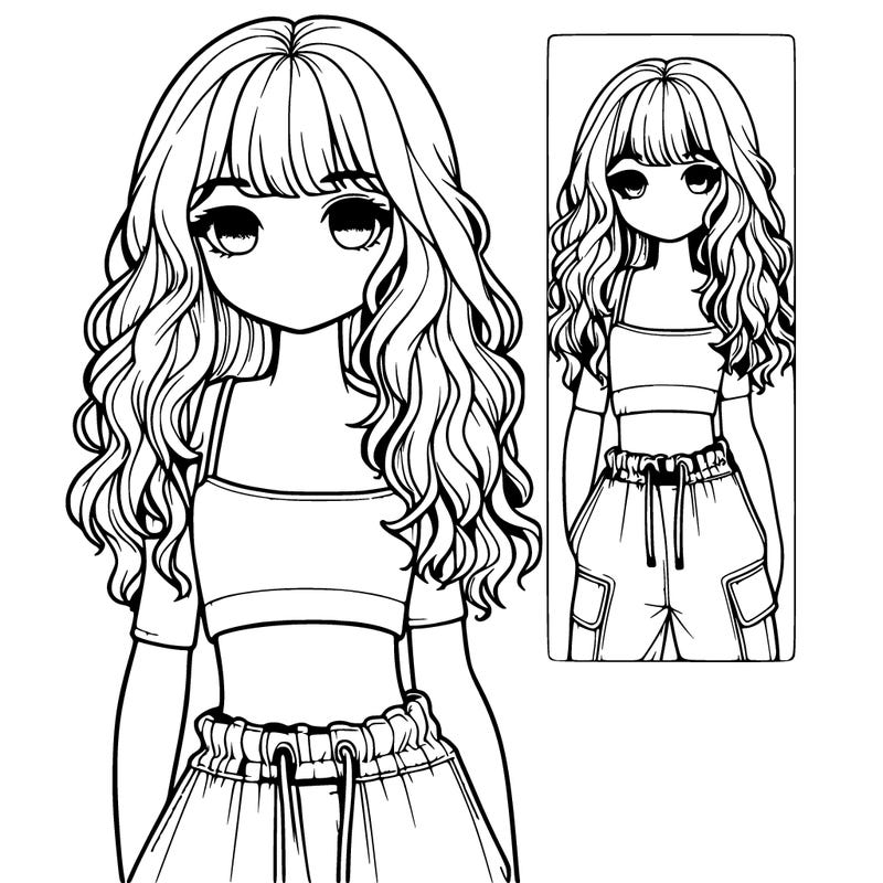 realistic girl with wavy hair and curtain bangs wearing a crop top and baggy cargo pants