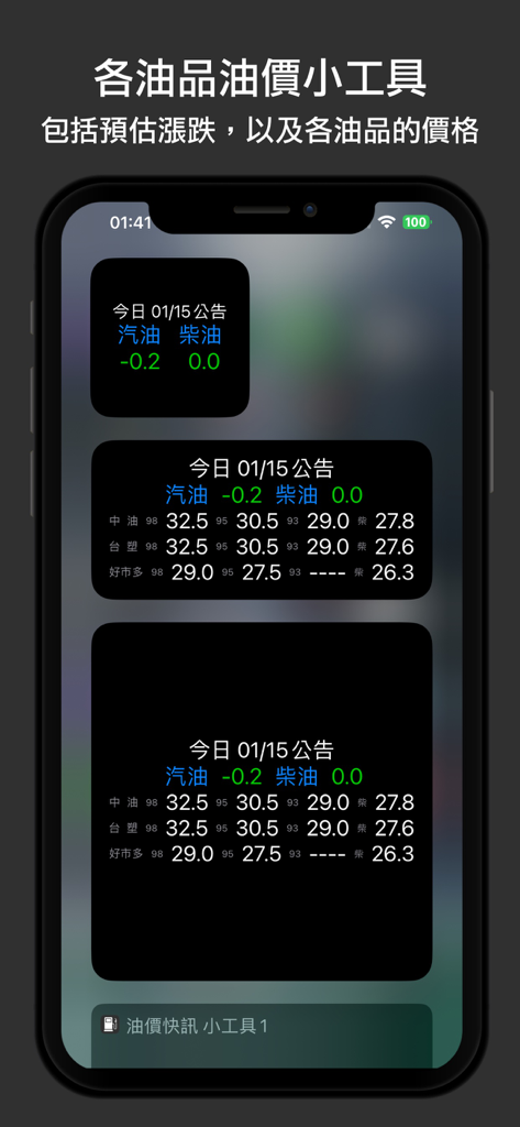 油價快訊 - iPhone home screen showing iOS widgets with real-time oil prices and predictions for Taiwan